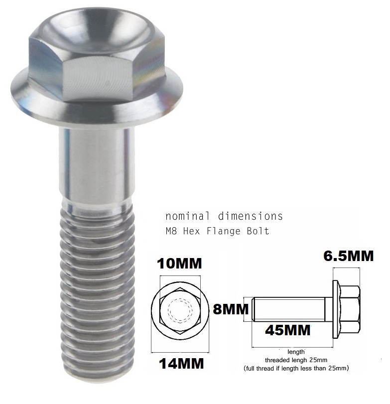 M8X45MM 1.25 THREAD PITCH TITANIUM FLANGE 10MM HEX BOLT GRADE 5